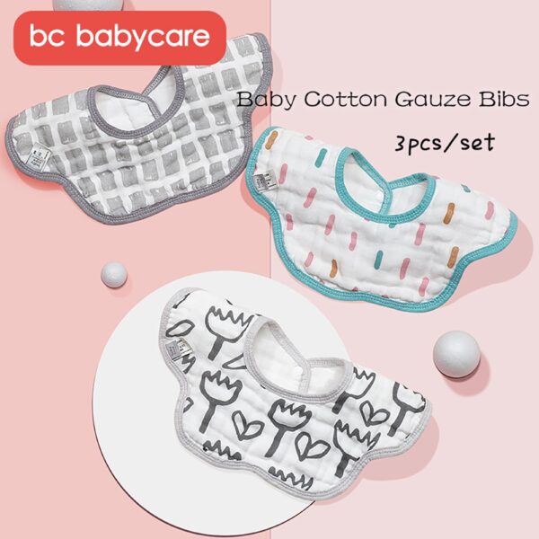 BC Babycare 3pcs Baby Bibs 360° Rotation Cotton Gauze Breathable Soft Absorbent Kids Burp Cloth Floral Shape Infant Saliva Towel