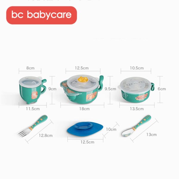 BC Babycare 6pcs Baby Stainless Steel Thermal Food Feeding Bowl Set With Silicone Spoon Fork Toddler Cup Insulated Sucker Plate