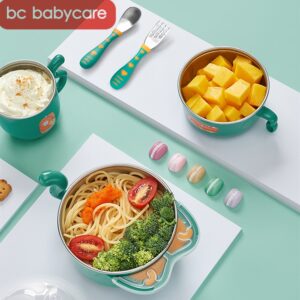 BC Babycare 6pcs Baby Stainless Steel Thermal Food Feeding Bowl Set With Silicone Spoon Fork Toddler Cup Insulated Sucker Plate